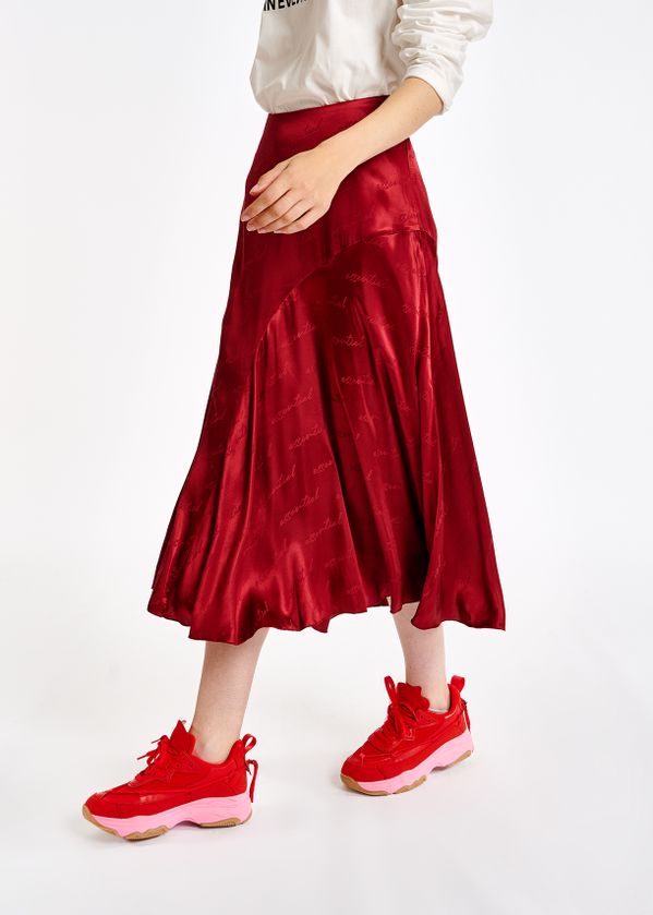 Red satin jacquard midi skirt 