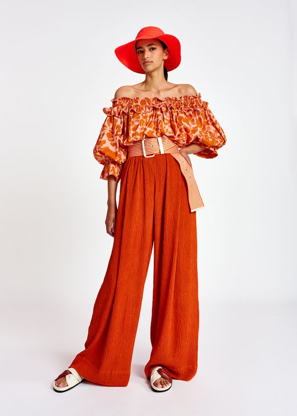 Orange wide-leg seersucker pants 