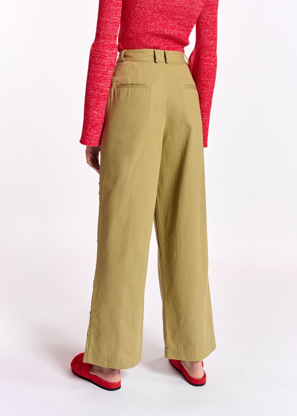 Khaki cotton wide-leg pants with bead 