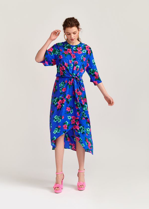 Beste Blauwe zijden midi-jurk met bloemen en stippen - Essentiel Antwerp QJ-67