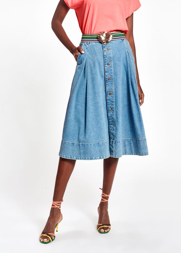 dark blue denim midi skirt