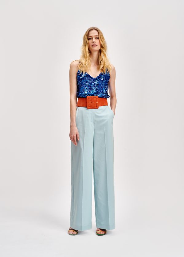 blue striped wide leg pants