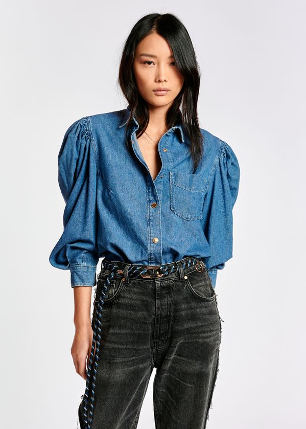 denim shirt puff sleeve