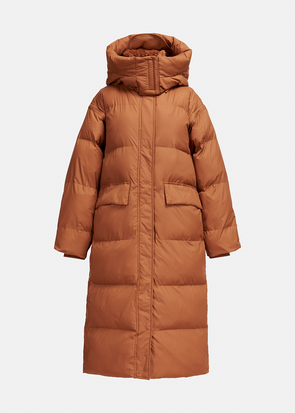 brown long puffer coat