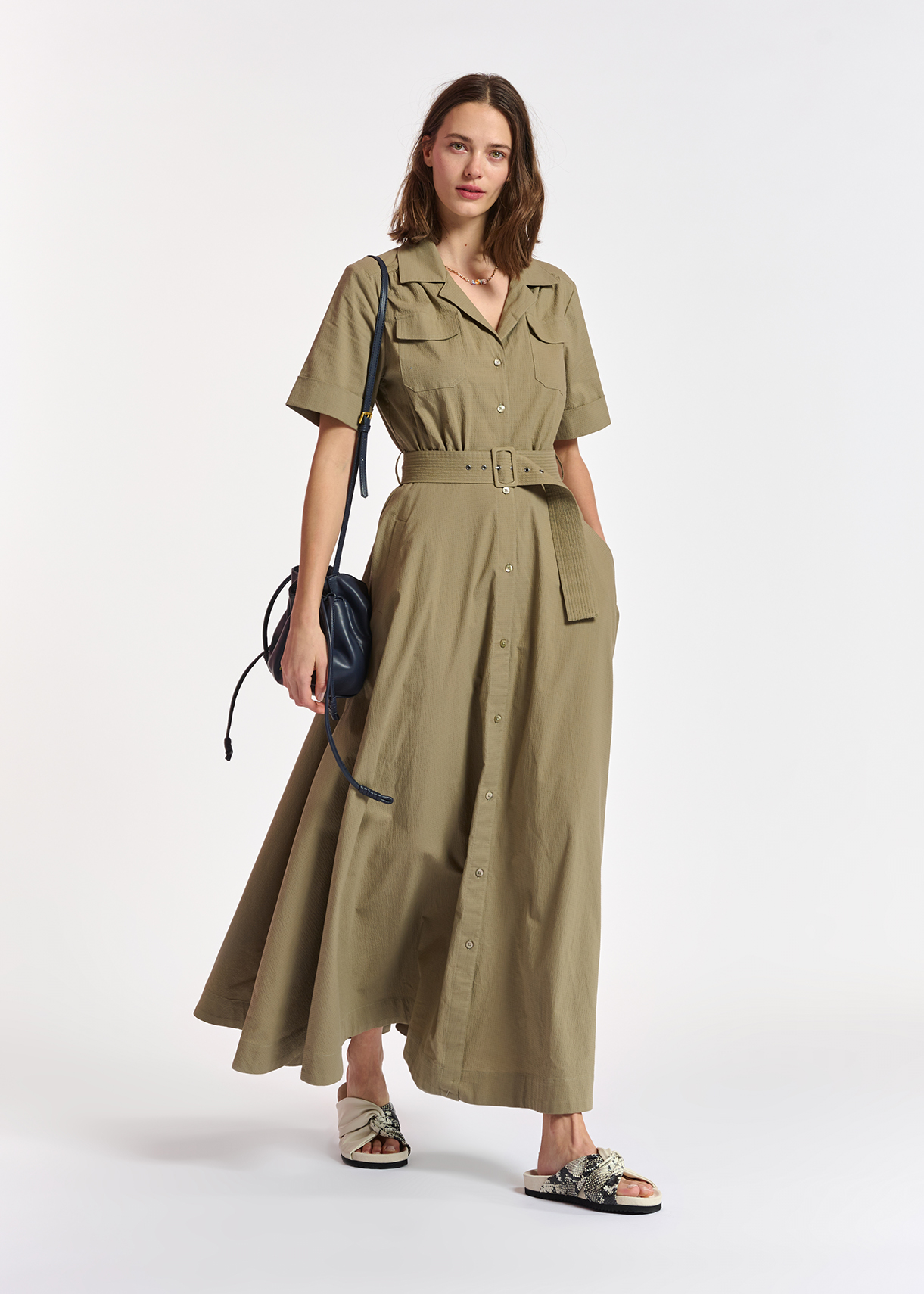 Khaki maxi-length shirt dress 