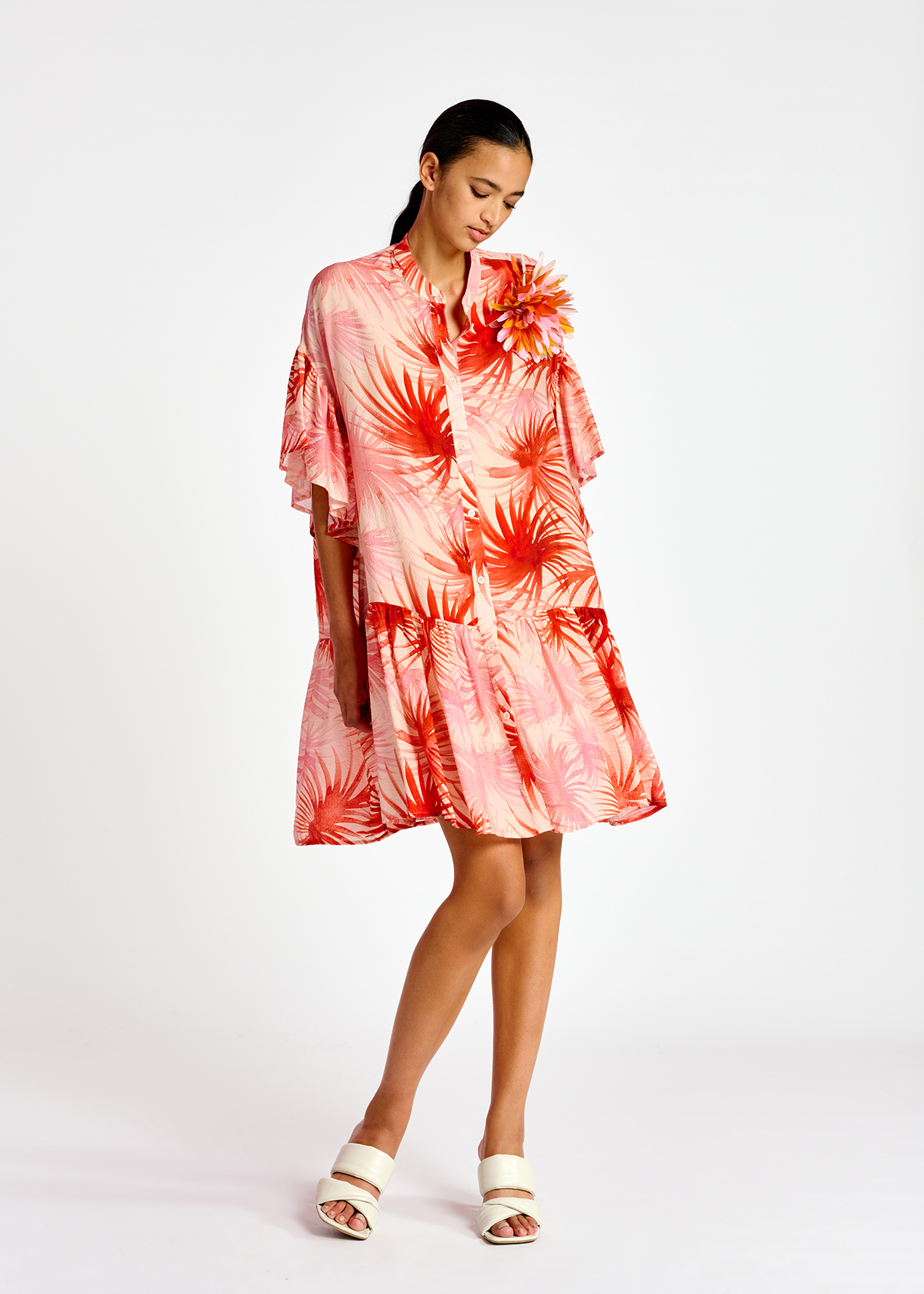 Orange viscose-silk palm leaf print 