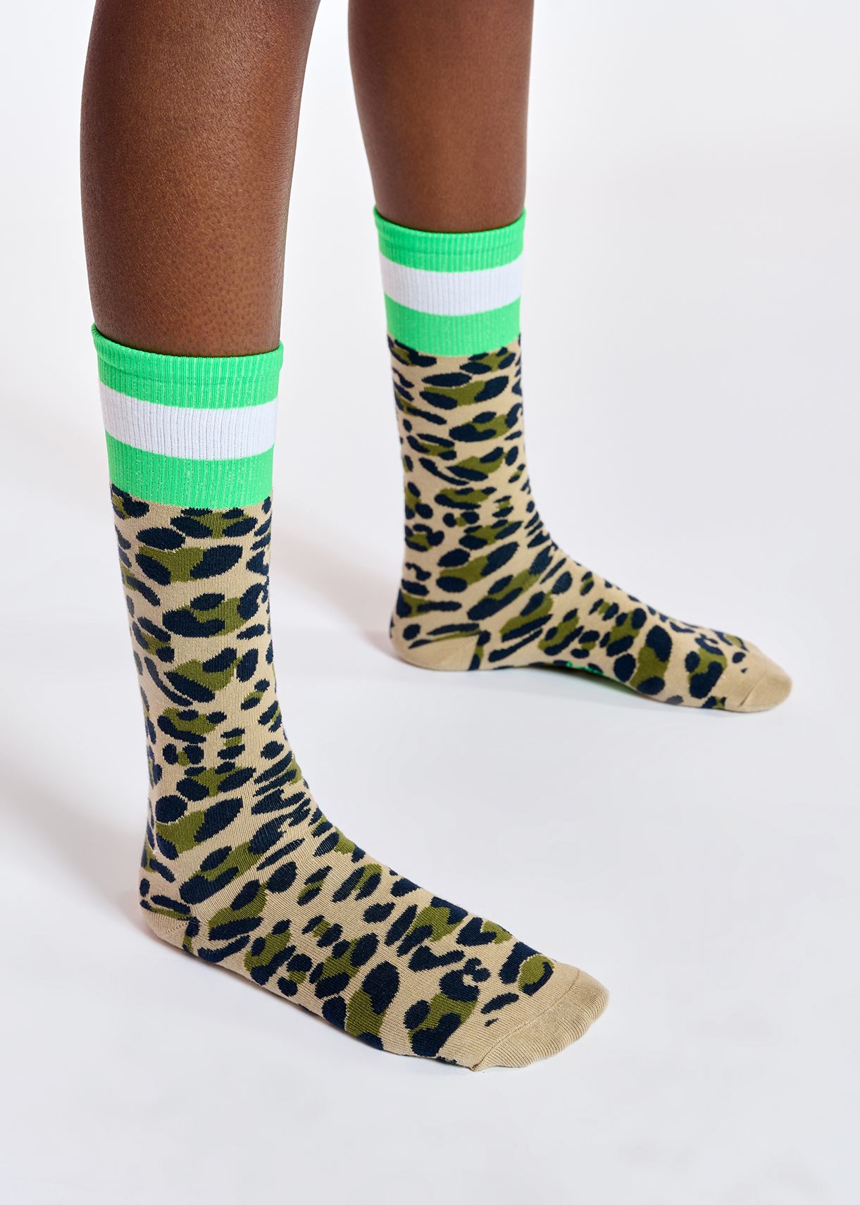 Leopard print socks with green striped trimmings - Essentiel Antwerp UK