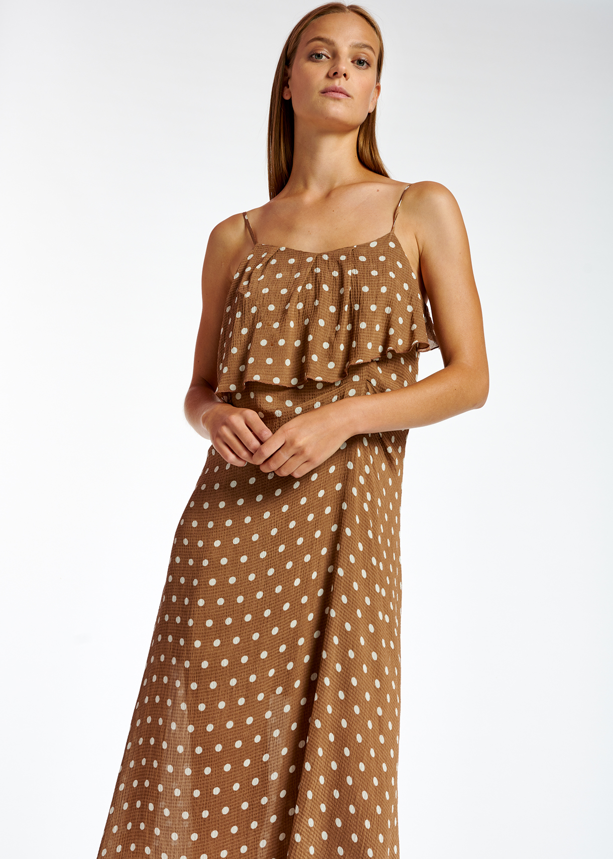 Brown and white polka-dot slip dress ...