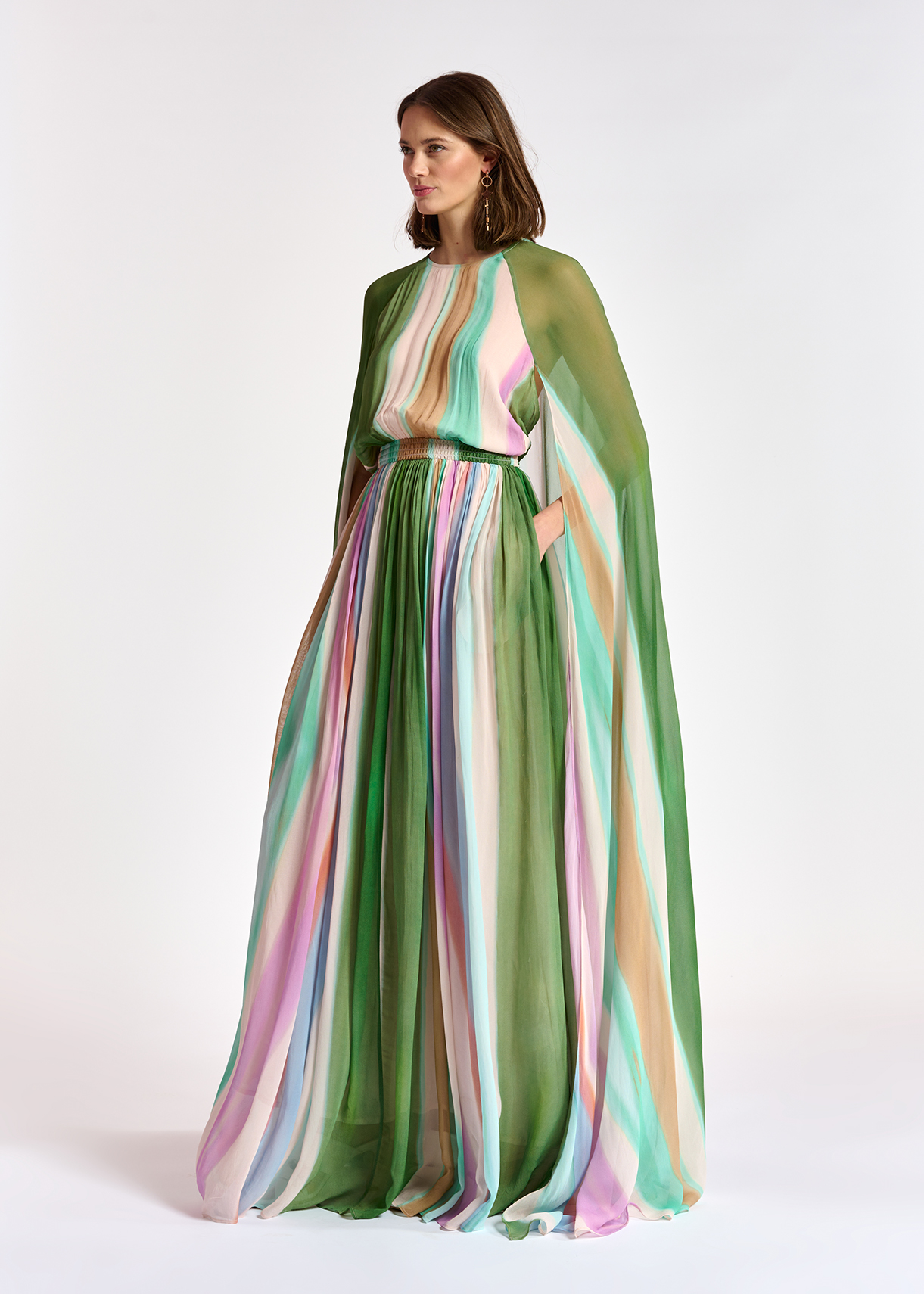 Multicolor maxi dress with cape-like ...