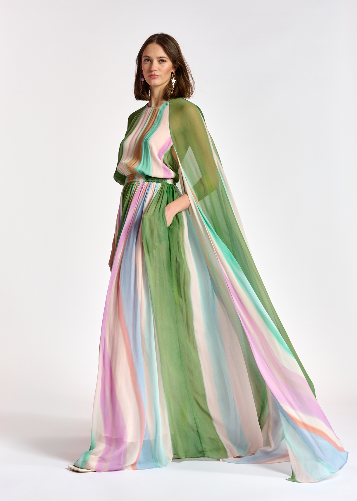Multicolor maxi dress with cape-like 