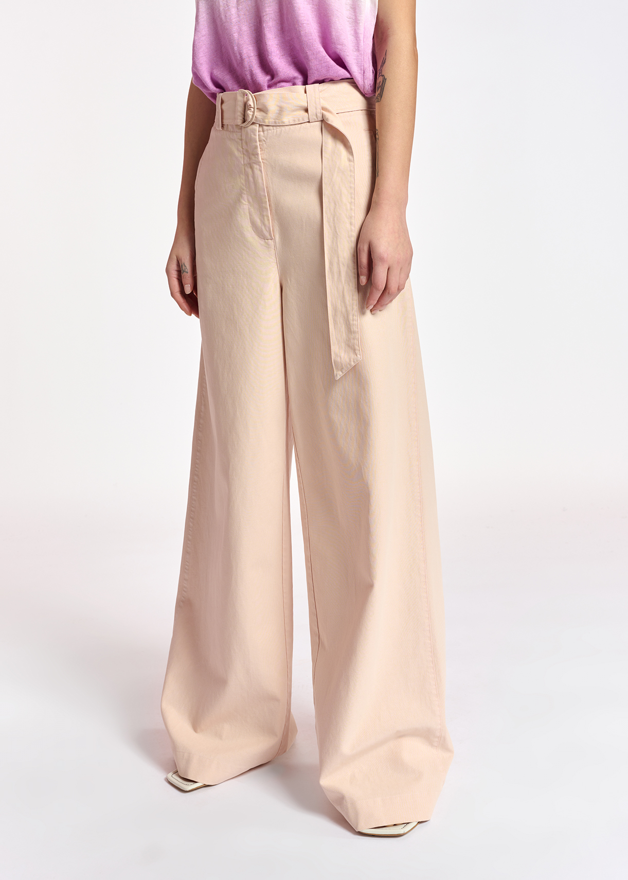 Powder pink belted high-waisted wide 
