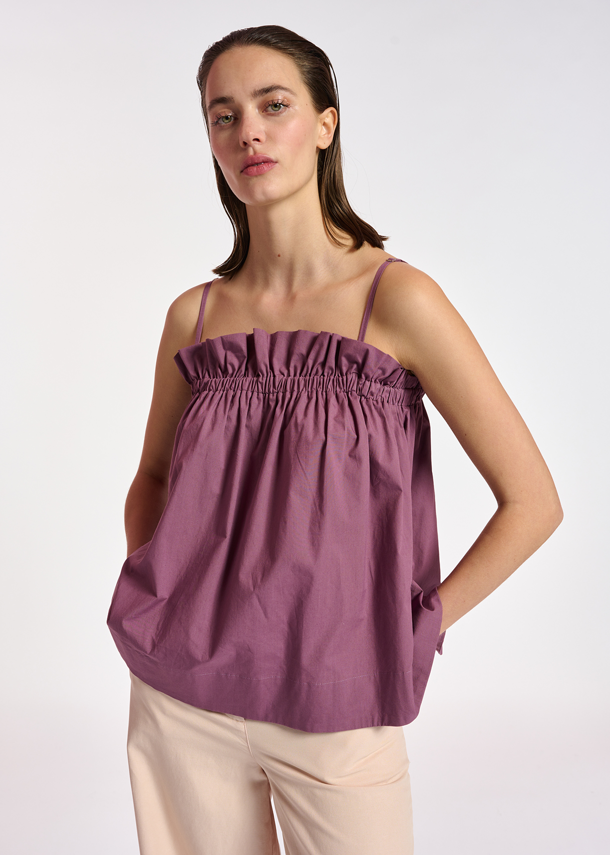 Purple cotton-poplin ruffled camisole 