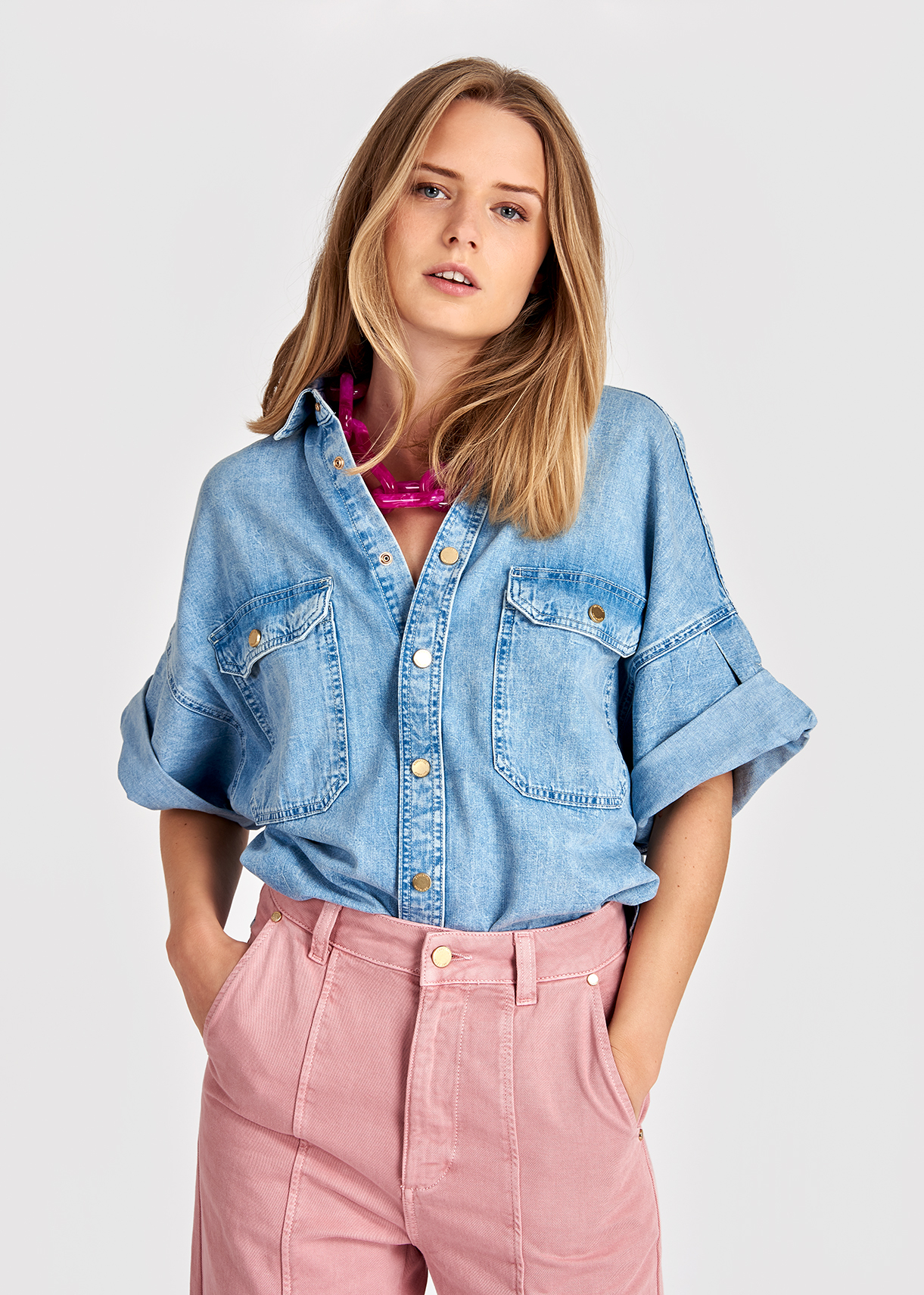 light pink denim shirt